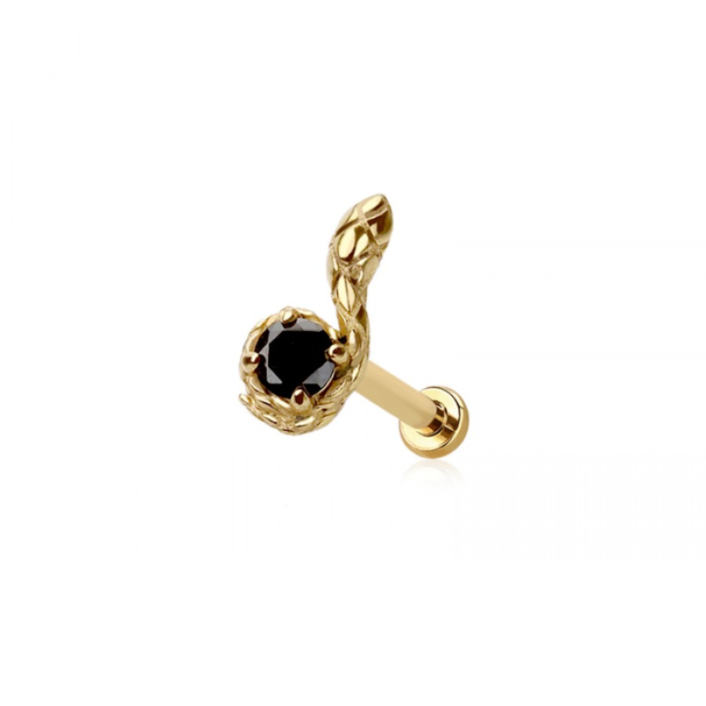 Threadless Push In Snake with Black CZ Crystal Center Flat Back Stud - 316L Stainless Steel