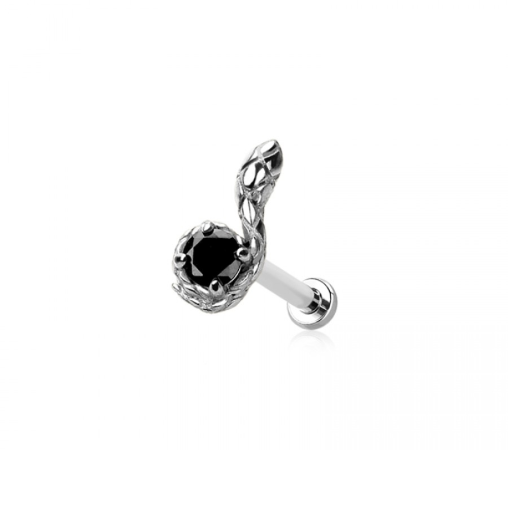 Threadless Push In Snake with Black CZ Crystal Center Flat Back Stud - 316L Stainless Steel
