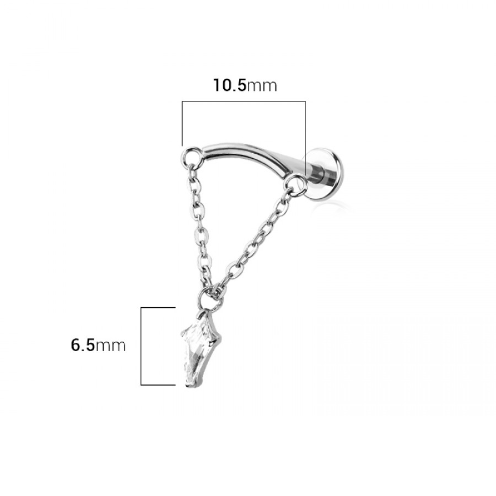 Threadless Push-In Curved Bar with Dangling Chain and Marquise Shaped CZ Crystal Hidden Helix Flat Back Stud - 316L Stainless Steel