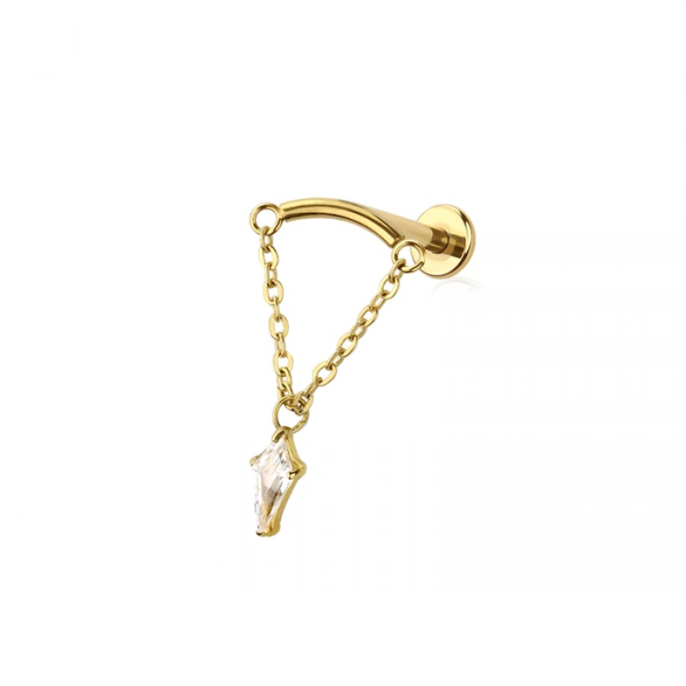 Threadless Push-In Curved Bar with Dangling Chain and Marquise Shaped CZ Crystal Hidden Helix Flat Back Stud - 316L Stainless Steel