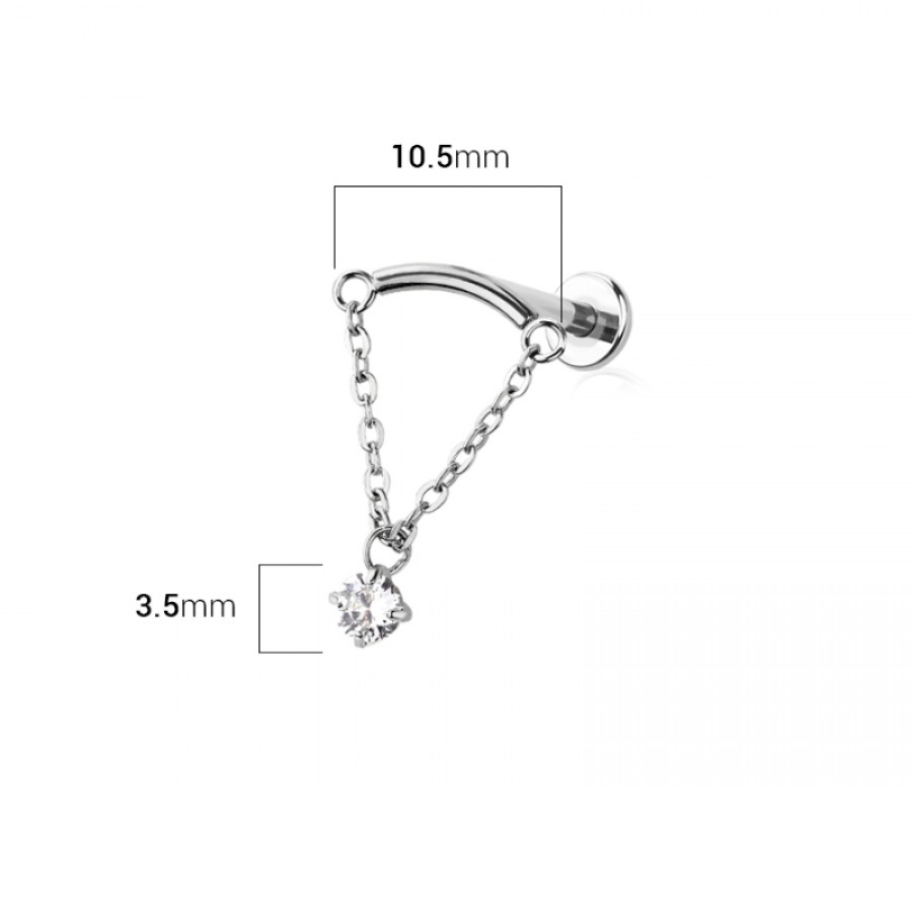 Threadless Push-In Curved Bar with Dangling Chain and Round CZ Crystal Hidden Helix Flat Back Stud - 316L Stainless Steel