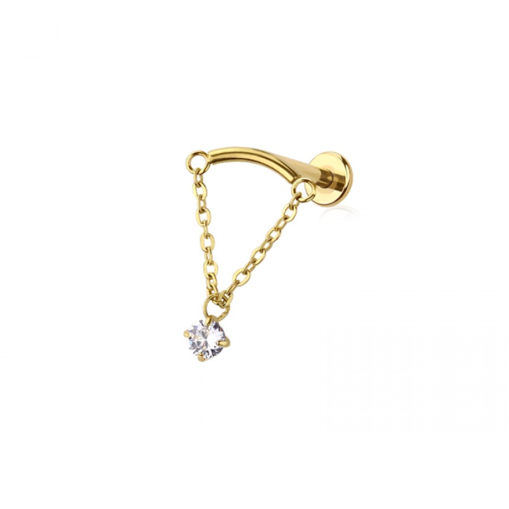 Threadless Push-In Curved Bar with Dangling Chain and Round CZ Crystal Hidden Helix Flat Back Stud - 316L Stainless Steel