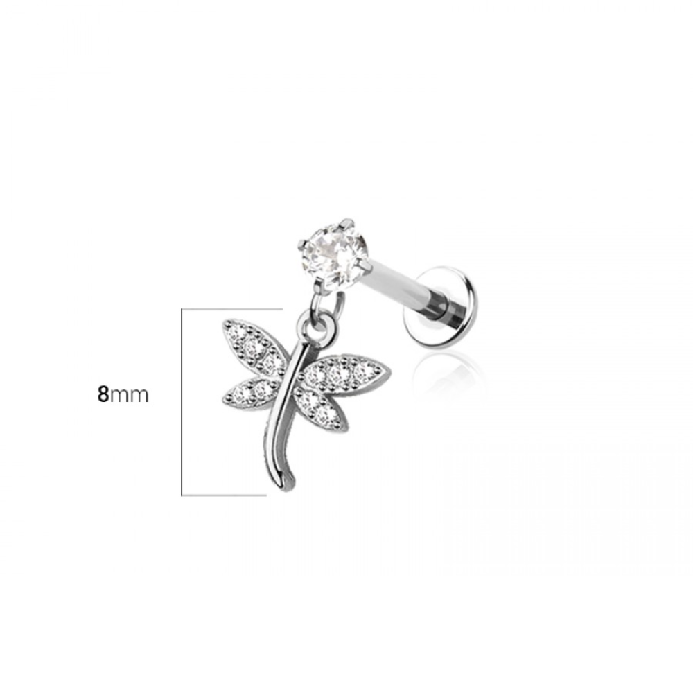 Internally Threaded Dangling CZ Crystal Dragonfly Flat Back Stud - 316L Stainless Steel