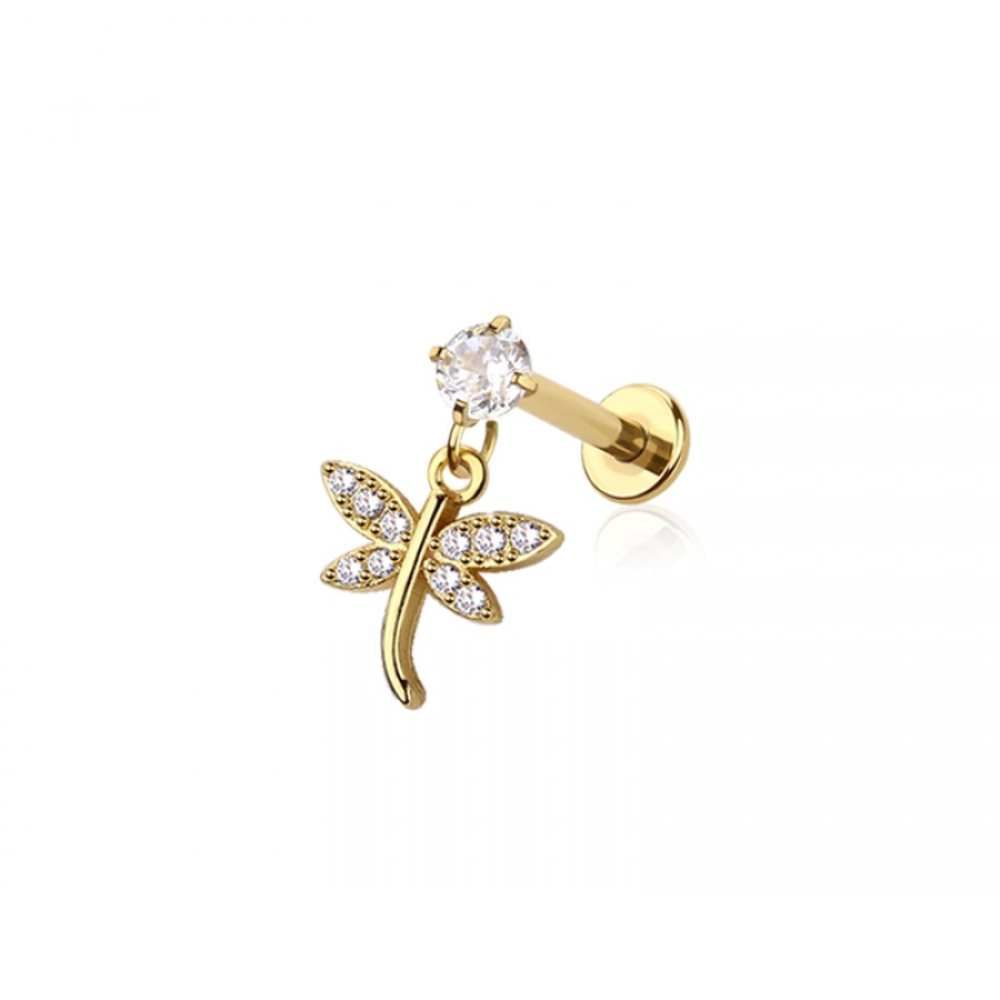 Internally Threaded Dangling CZ Crystal Dragonfly Flat Back Stud - 316L Stainless Steel