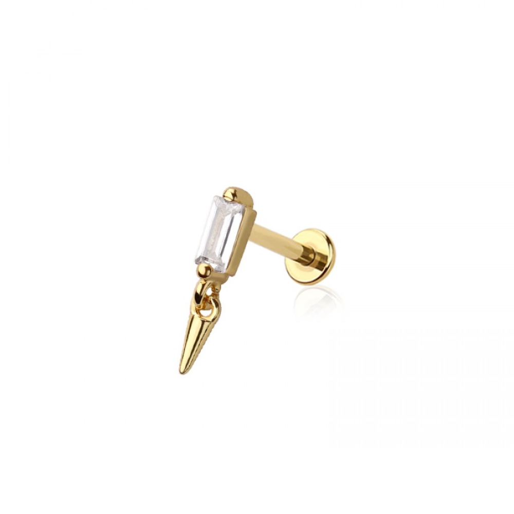 Threadless Push In CZ Crystal Baguette with Dangling Spike Flat Back Stud - 316L Stainless Steel