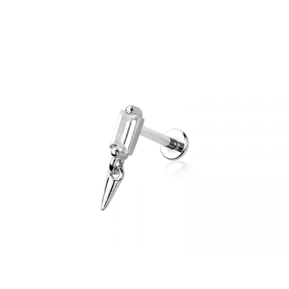 Threadless Push In CZ Crystal Baguette with Dangling Spike Flat Back Stud - 316L Stainless Steel