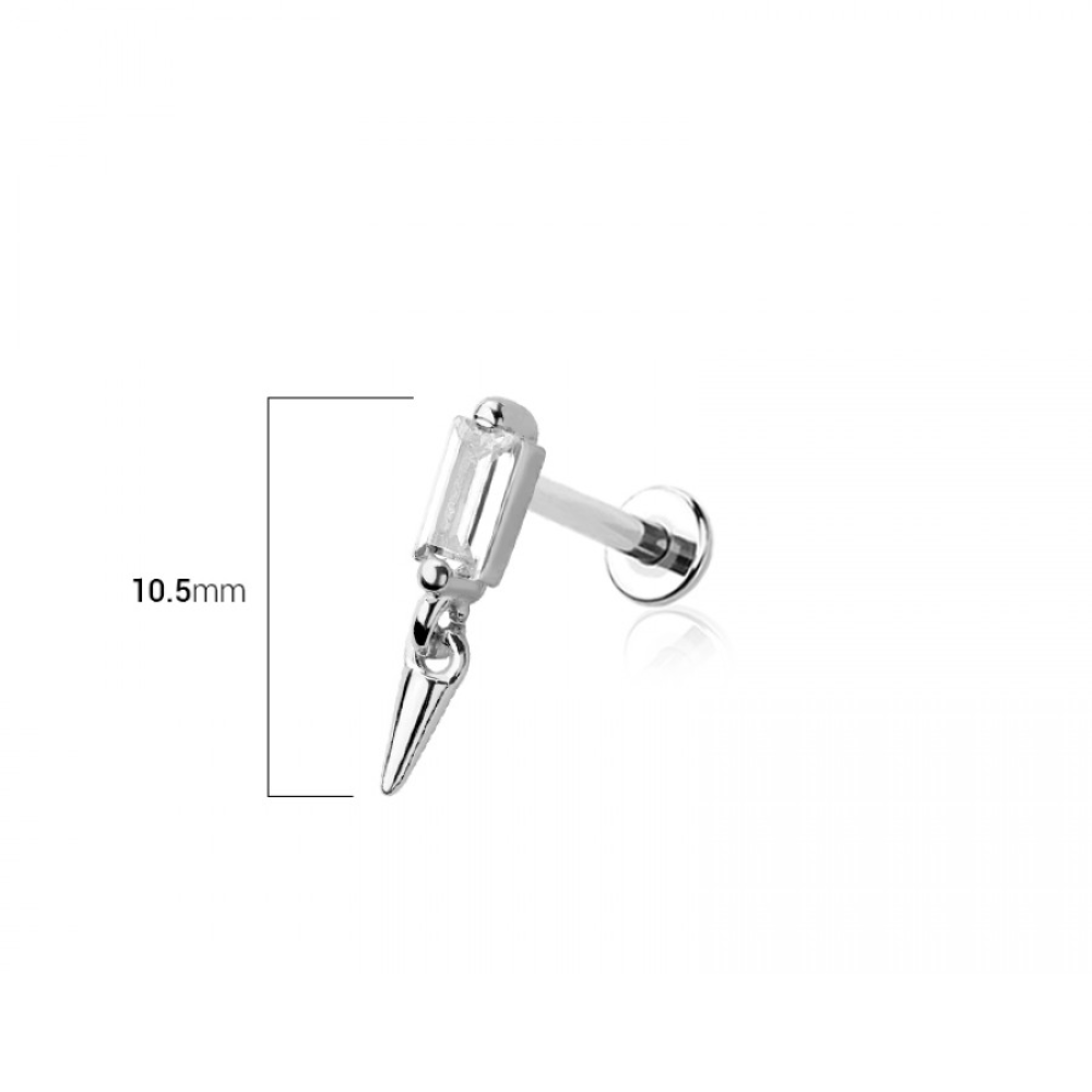 Threadless Push In CZ Crystal Baguette with Dangling Spike Flat Back Stud - 316L Stainless Steel