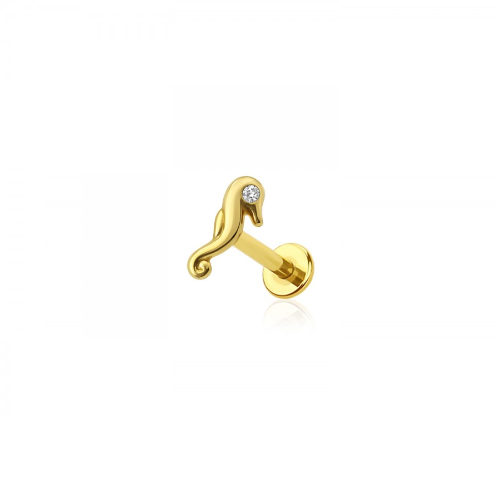 Threadless Push-In CZ Crystal Seahorse Flat Back Stud - 316L Stainless Steel