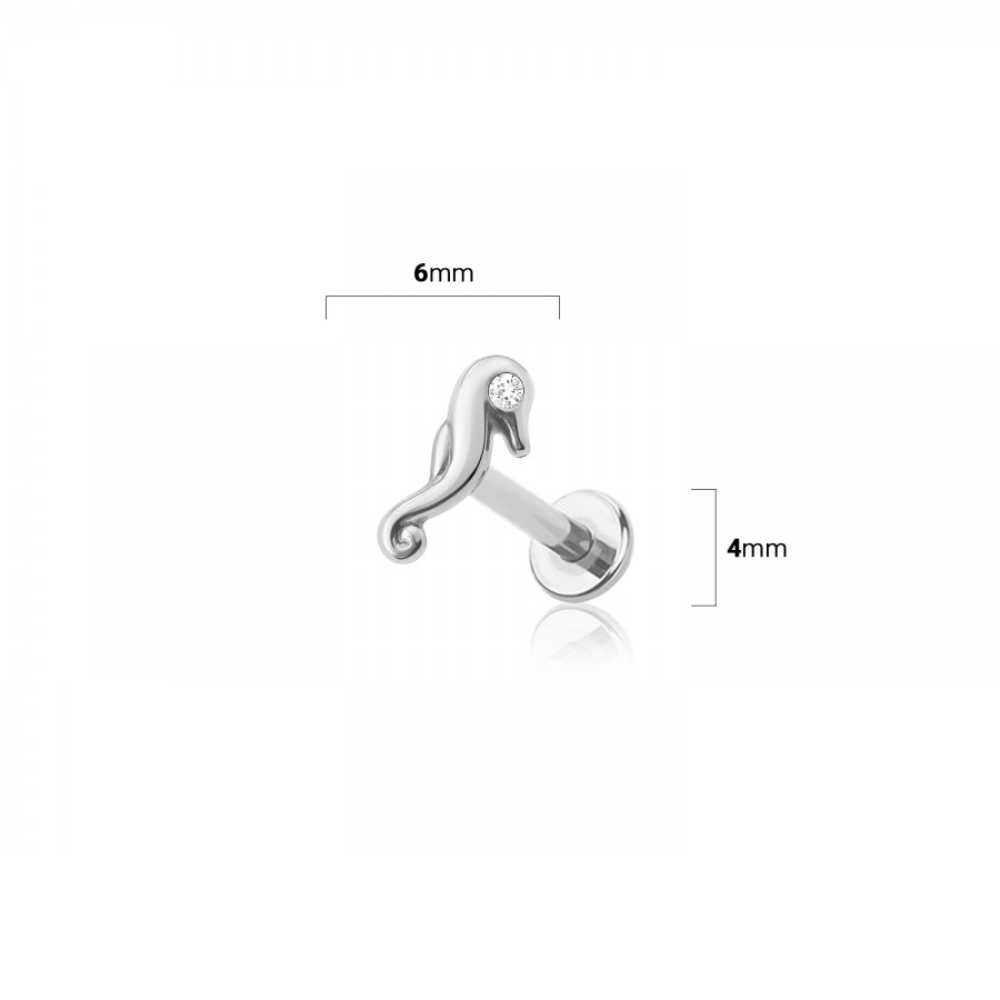 Threadless Push-In CZ Crystal Seahorse Flat Back Stud - 316L Stainless Steel