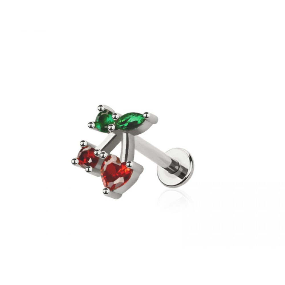 Threadless Push-In CZ Crystal Cherry Flat Back Stud - 316L Stainless Steel