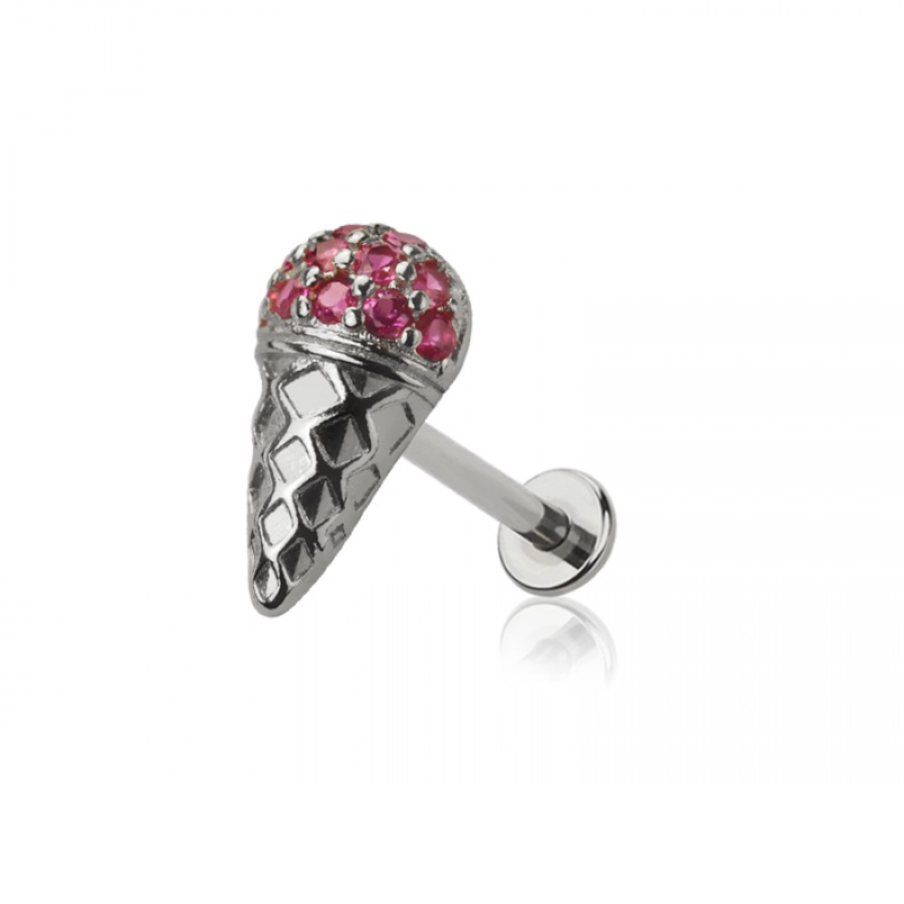 Threadless Push-In CZ Crystal Pink Ice Cream Cone Flat Back Stud - 316L Stainless Steel