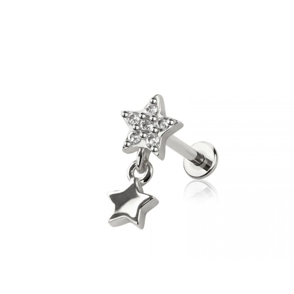 Threadless Push In CZ Crystal Star with Dangling Star Flat Back Stud - 316L Stainless Steel