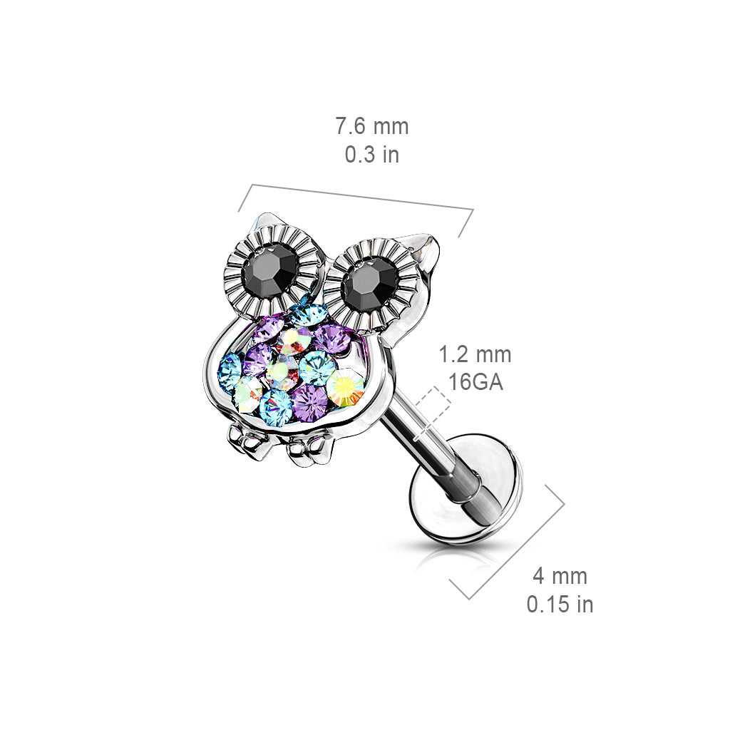 Internally Threaded Multi Colored CZ Crystal Owl Stud - Stainless Steel