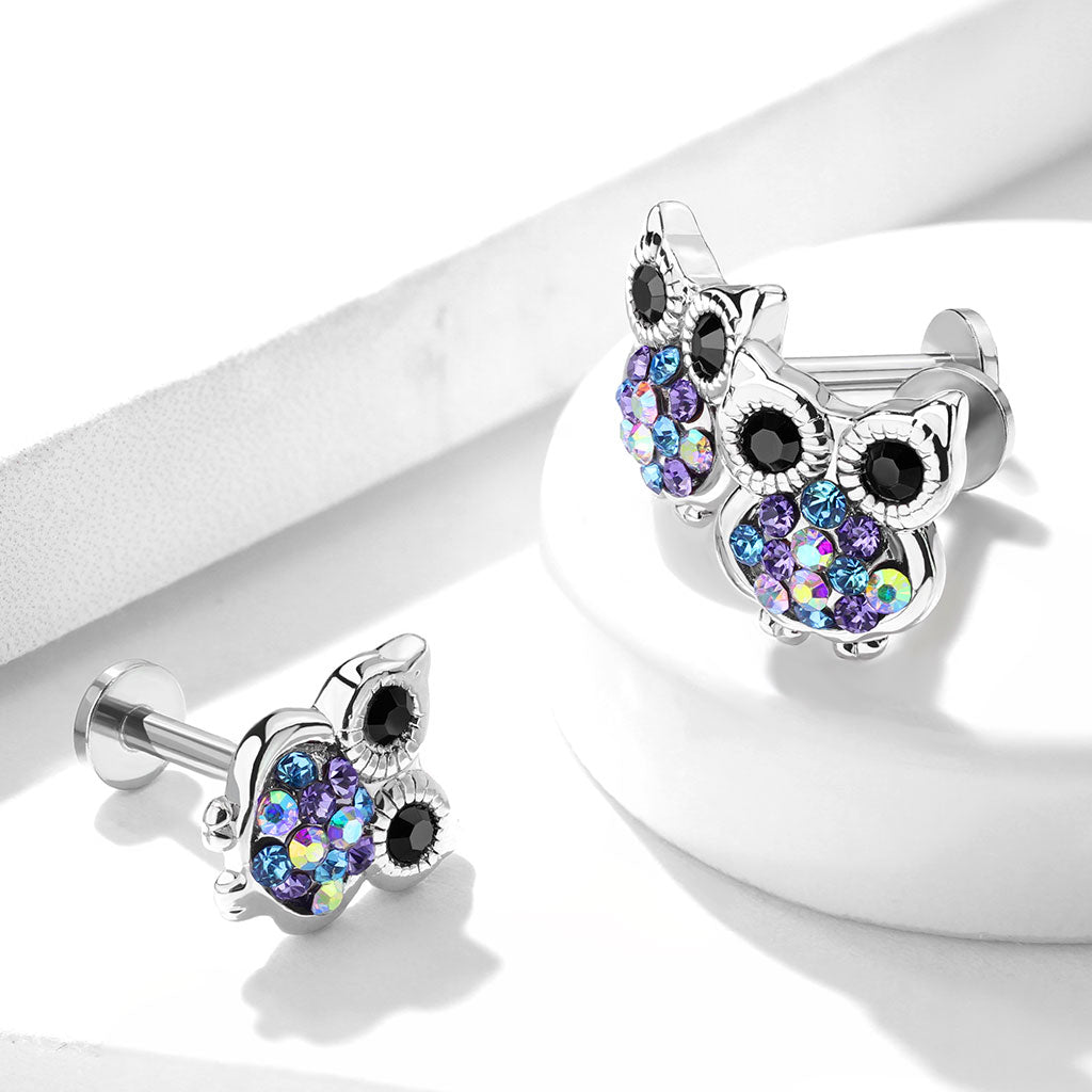 Internally Threaded Multi Colored CZ Crystal Owl Stud - Stainless Steel