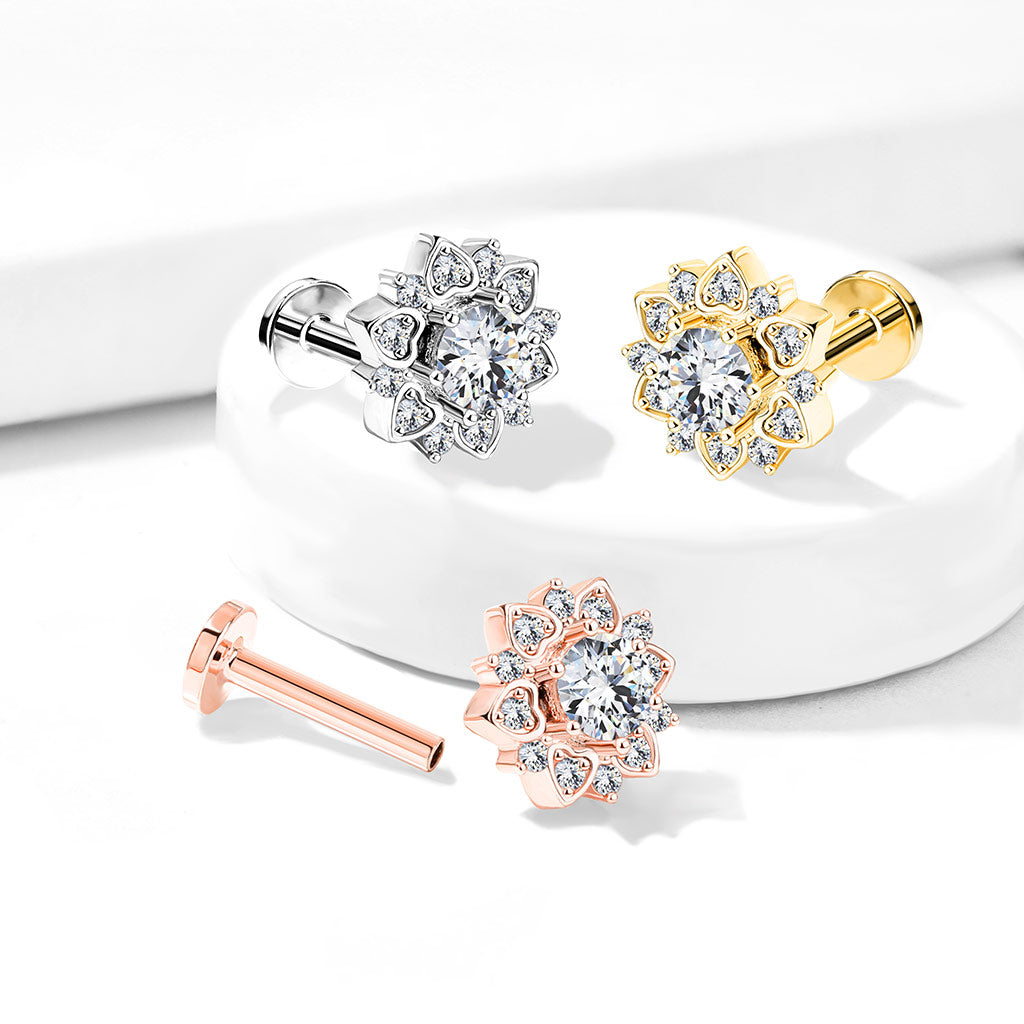 CZ Crystal Paved Flower Internally Threaded Labret Stud - Stainless Steel