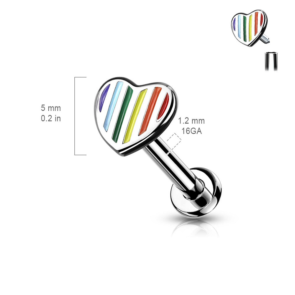 Internally Threaded Rainbow Striped Heart Top Flat Back Lip Cartilage Tragus Stud
- 316L Stainless Steel