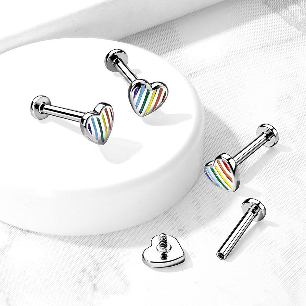 Internally Threaded Rainbow Striped Heart Top Flat Back Lip Cartilage Tragus Stud
- 316L Stainless Steel
