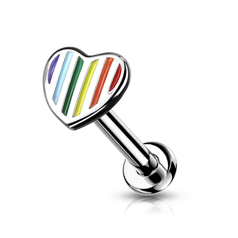 Internally Threaded Rainbow Striped Heart Top Flat Back Lip Cartilage Tragus Stud
- 316L Stainless Steel