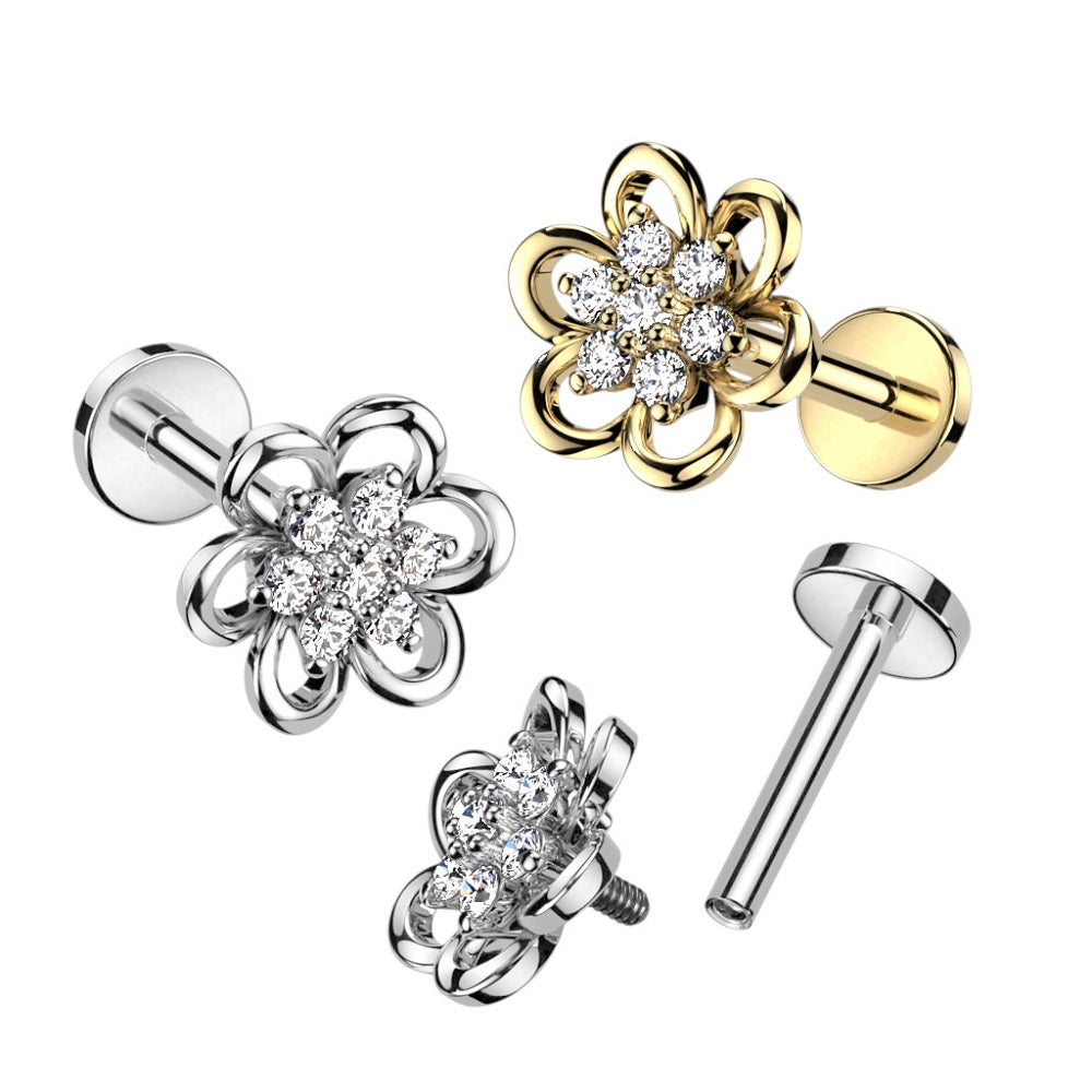 Hollow Flower with CZ Crystal Center Internally Threaded Stud - 316L Stainless Steel