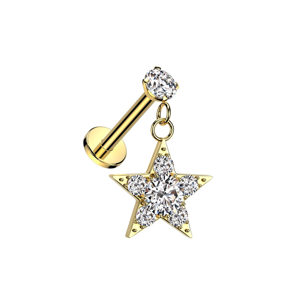 Internally Threaded CZ Crystal with Dangling Star Flat Back Stud - 316L Stainless Steel