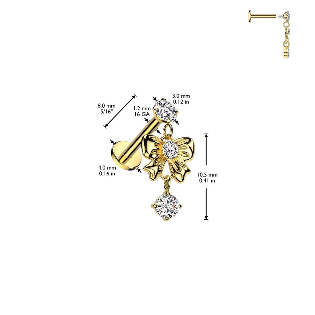 Internally Threaded CZ Crystal with Dangling Bow Flat Back Stud - 316L Stainless Steel