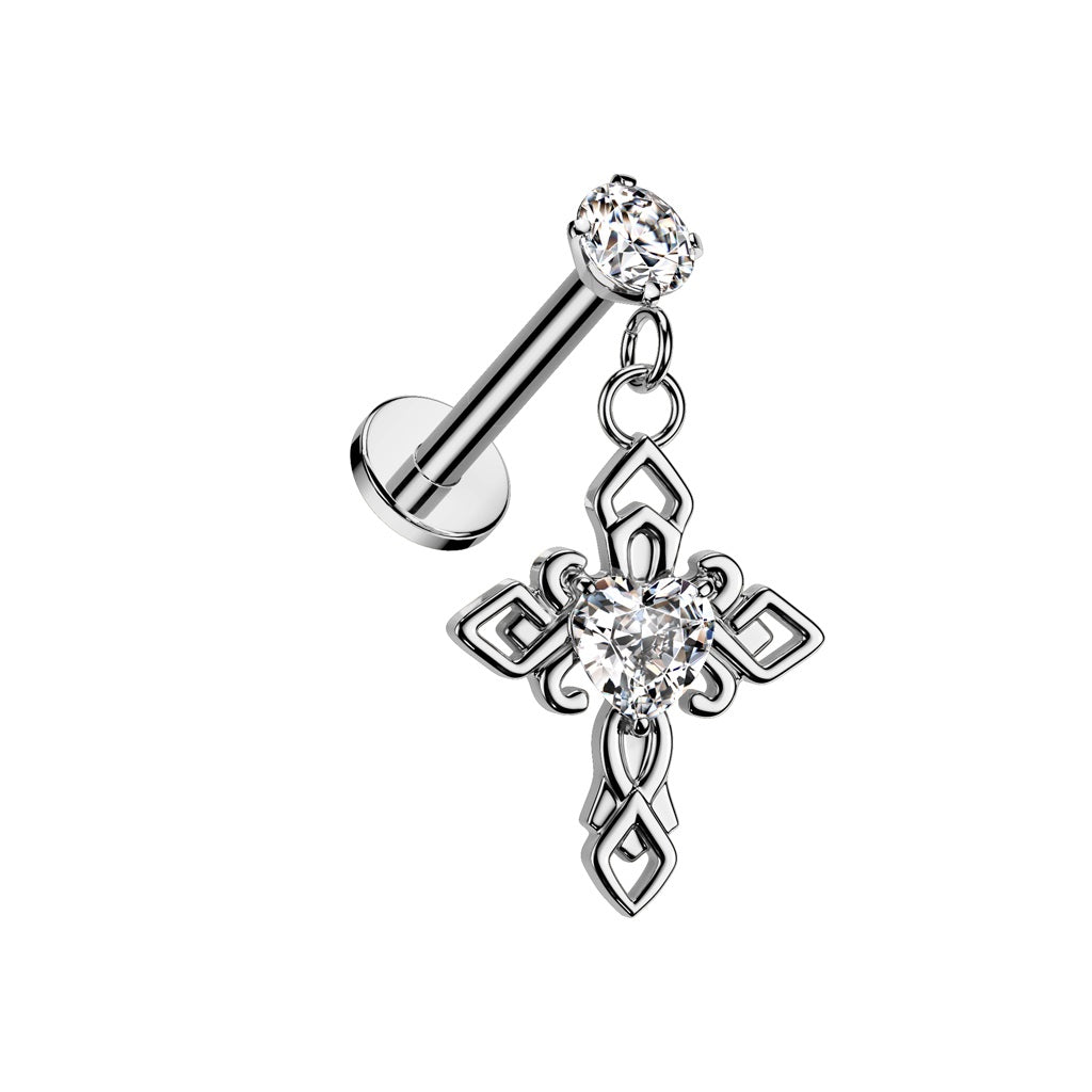 Internally Threaded CZ Crystal with Dangling Celtic Cross Flat Back Stud - 316L Stainless Steel