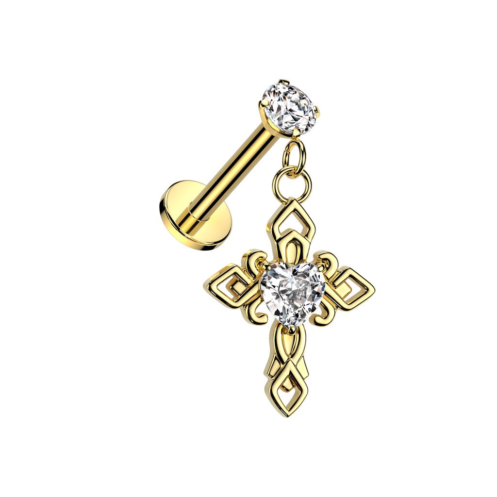 Internally Threaded CZ Crystal with Dangling Celtic Cross Flat Back Stud - 316L Stainless Steel