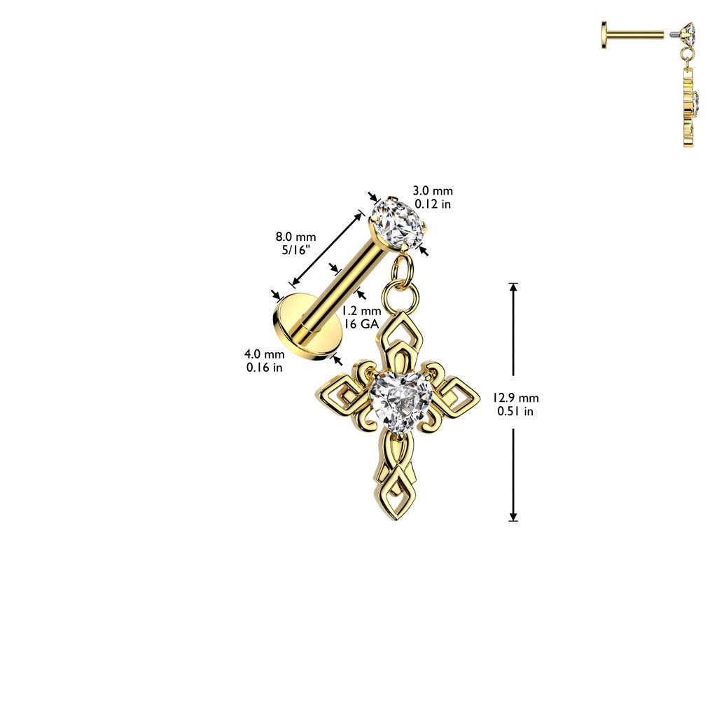Internally Threaded CZ Crystal with Dangling Celtic Cross Flat Back Stud - 316L Stainless Steel