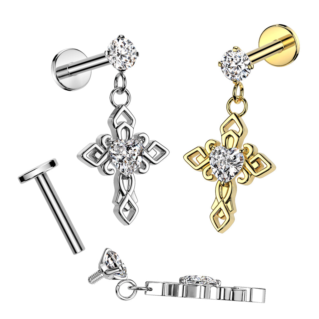 Internally Threaded CZ Crystal with Dangling Celtic Cross Flat Back Stud - 316L Stainless Steel