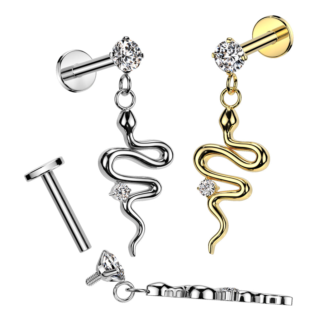 Internally Threaded CZ Crystal with Dangling Snake Flat Back Stud - 316L Stainless Steel