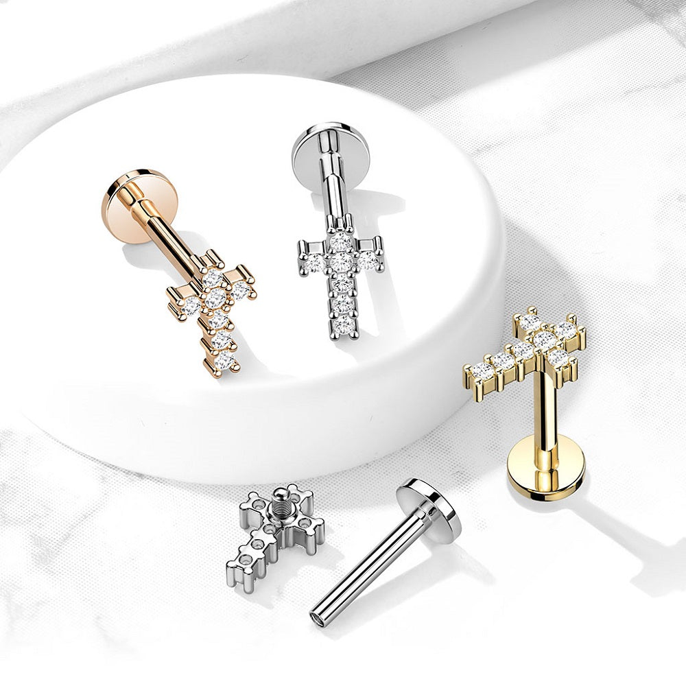 Internally Threaded CZ Crystal Paved Cross Top Flat Back Labret Monroe Lip Cartilage Helix Ear Lobe Stud
- 316L Stainless Steel