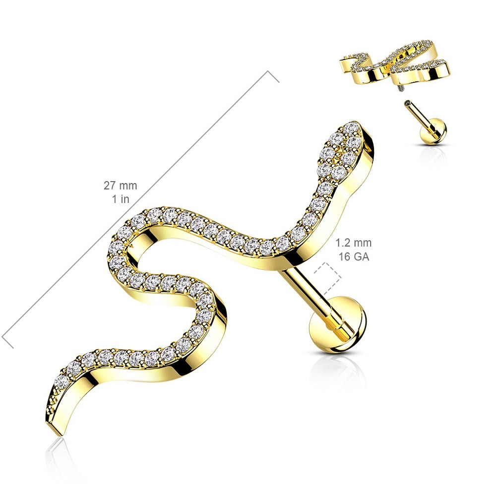 Crystal Paved Snake Internally Threaded Stud - 316L Stainless Steel