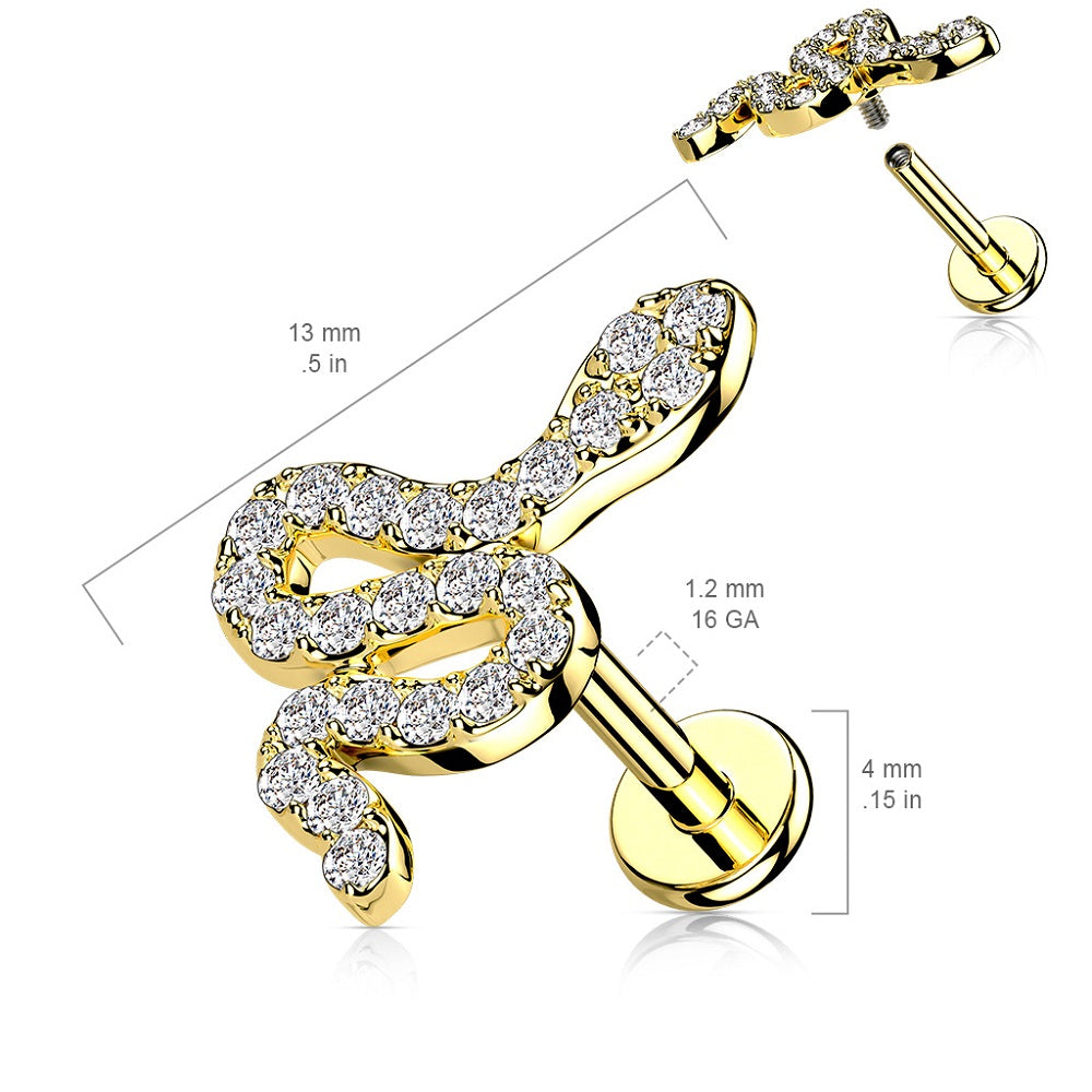 CZ Crystal Paved Snake Internally Threaded Flat Back Stud - 316L Stainless Steel