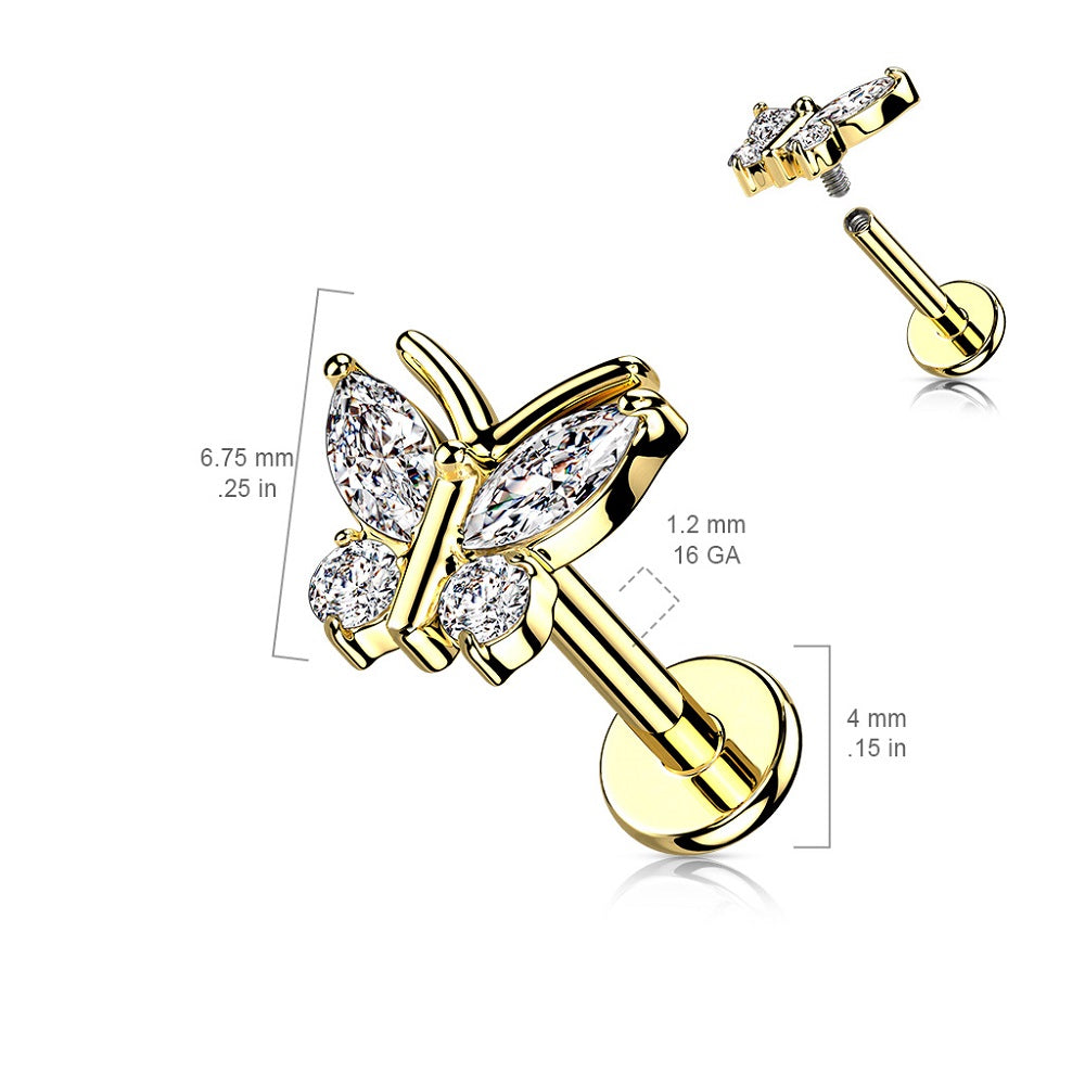 CZ Crystal Butterfly Internally Threaded Flat Back Stud - 316L Stainless Steel