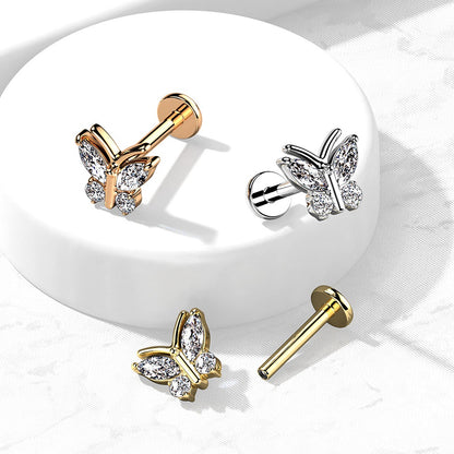 CZ Crystal Butterfly Internally Threaded Flat Back Stud - 316L Stainless Steel