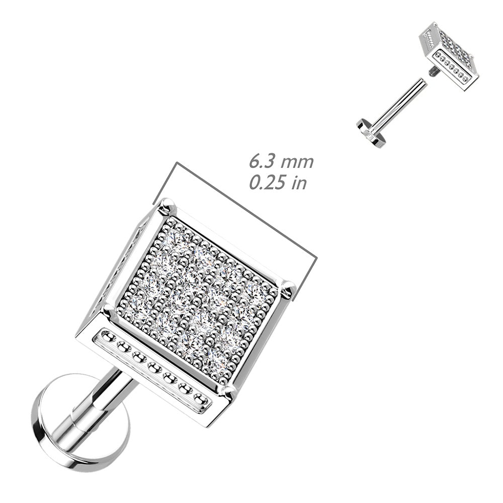 CZ Crystal Paved Square Top Internally Threaded Stud - 316L Stainless Steel