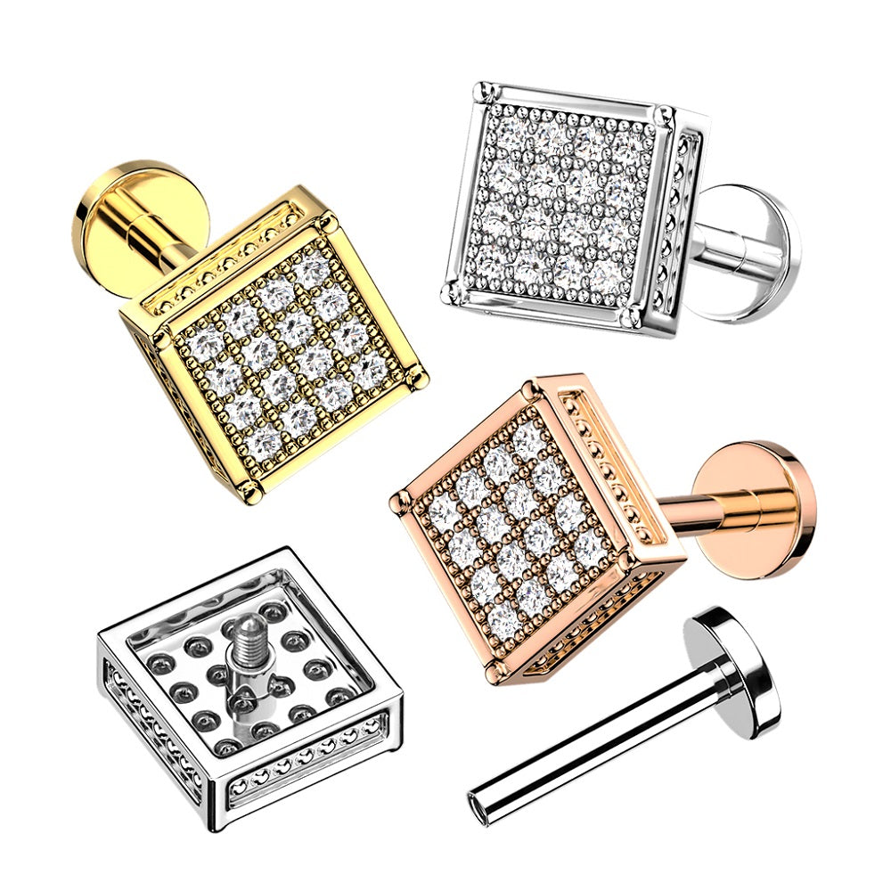 CZ Crystal Paved Square Top Internally Threaded Stud - 316L Stainless Steel