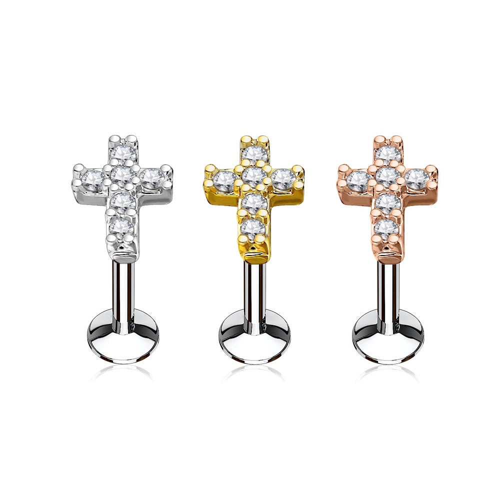 Set of 3 CZ Crystal Paved Cross Top Internally Threaded Lip Cartilage Studs - 316L Stainless Steel