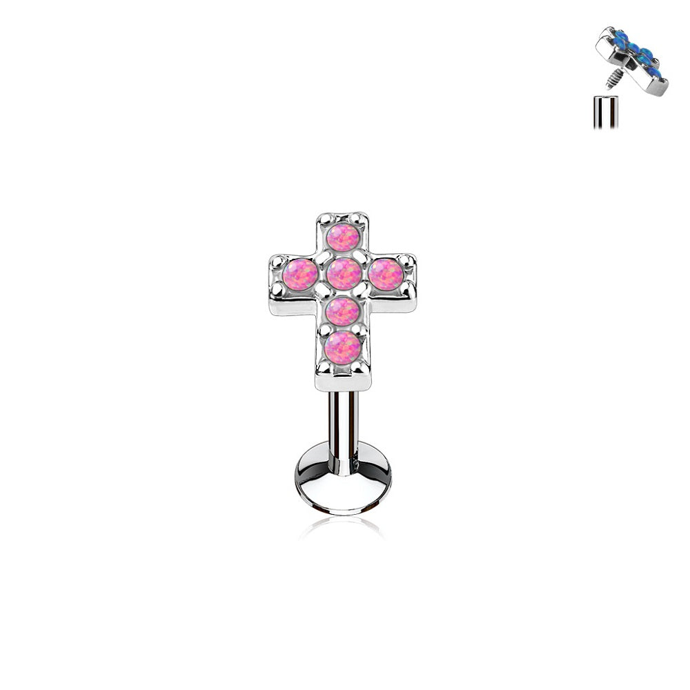 Internally Threaded Synthetic Opal Cross Top Lip Cartilage Tragus Stud
- 316L Stainless Steel
