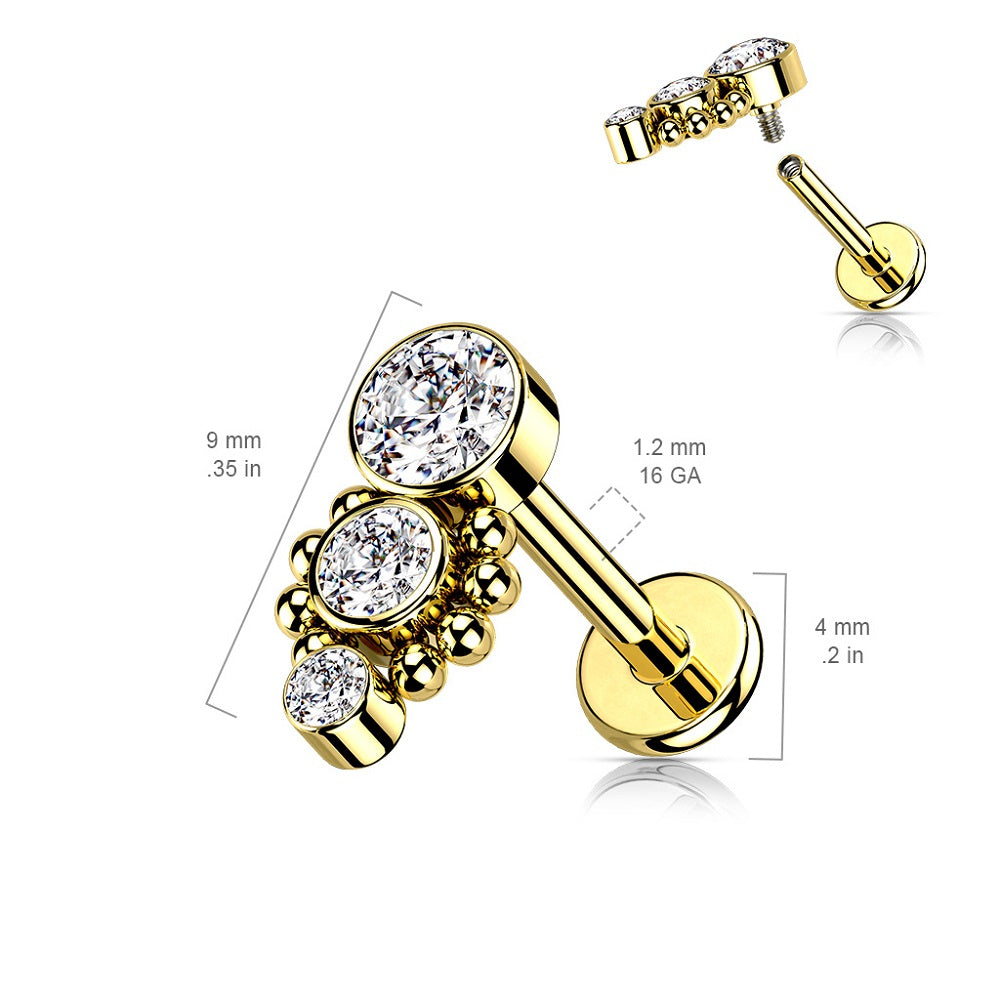 Triple Round CZ Crystal Dropdown with Ball Clusters Internally Threaded Flat Back Stud - 316L Stainless Steel