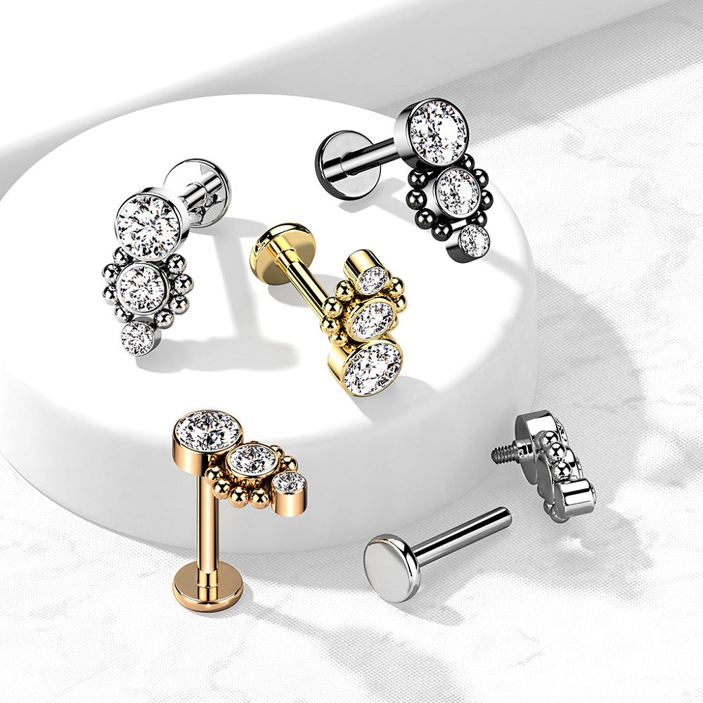 Triple Round CZ Crystal Dropdown with Ball Clusters Internally Threaded Flat Back Stud - 316L Stainless Steel