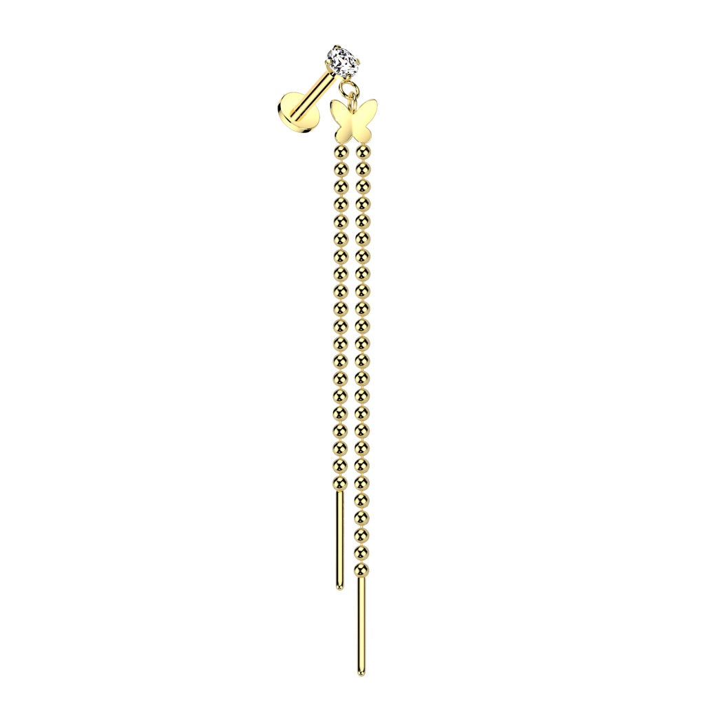Internally Threaded CZ Crystal with Dangling Butterfly and Chains Flat Back Stud - 316L Stainless Steel
