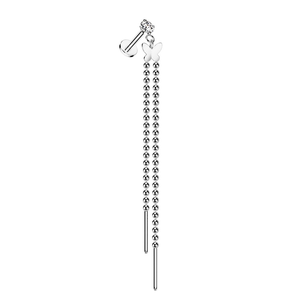 Internally Threaded CZ Crystal with Dangling Butterfly and Chains Flat Back Stud - 316L Stainless Steel