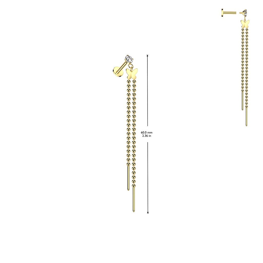 Internally Threaded CZ Crystal with Dangling Butterfly and Chains Flat Back Stud - 316L Stainless Steel
