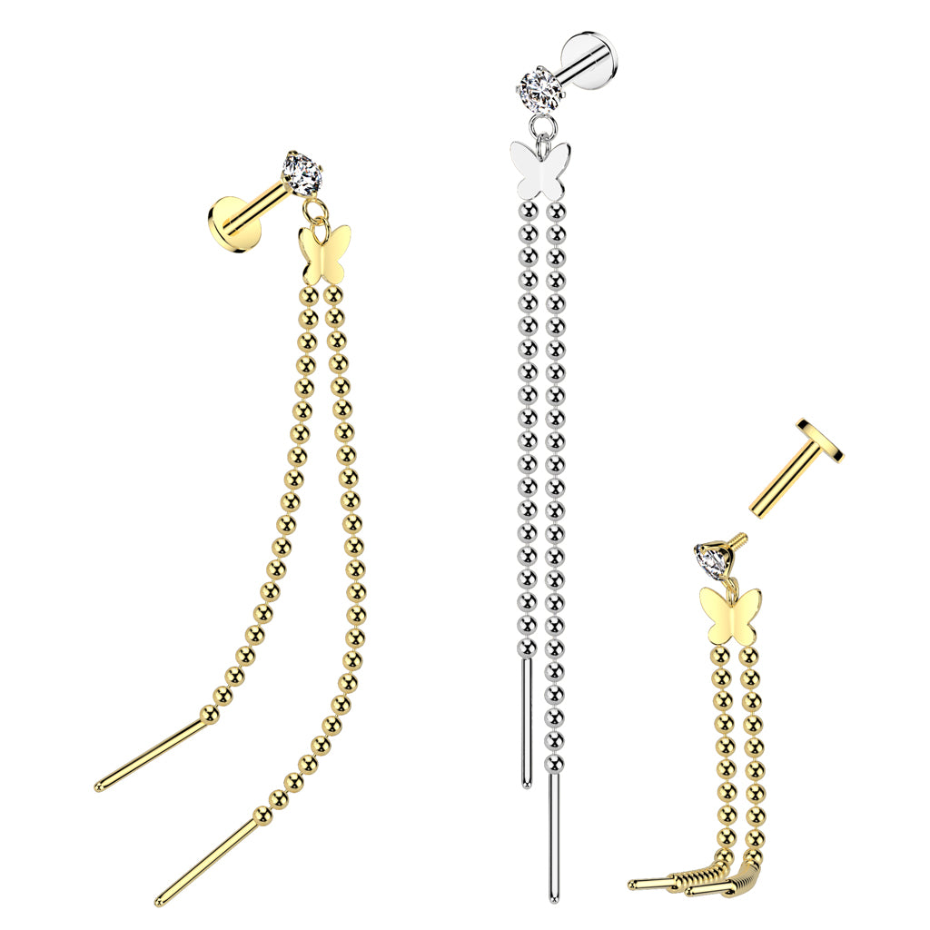 Internally Threaded CZ Crystal with Dangling Butterfly and Chains Flat Back Stud - 316L Stainless Steel