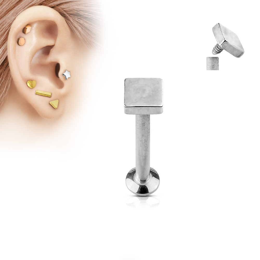 Set of 4 Tiny Square Top Internally Threaded Flat Back Labret Studs - Stainless Steel