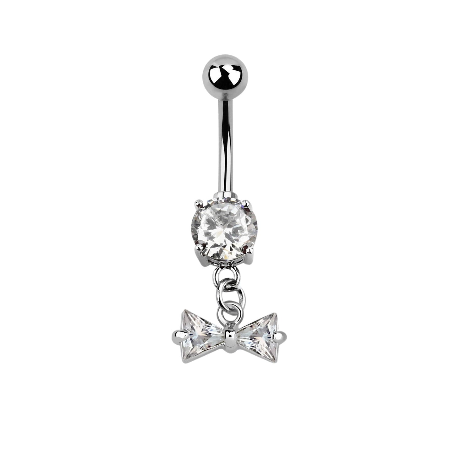 CZ Crystal Bow Dangling Belly Button Ring - Stainless Steel