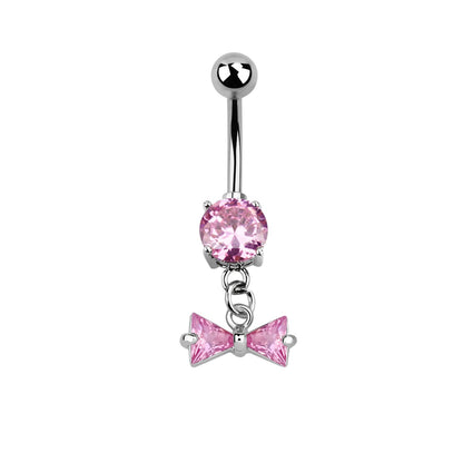 CZ Crystal Bow Dangling Belly Button Ring - Stainless Steel