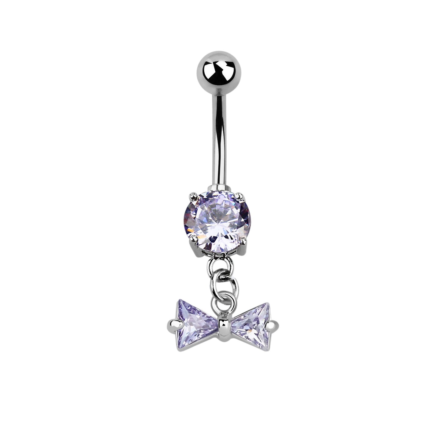 CZ Crystal Bow Dangling Belly Button Ring - Stainless Steel