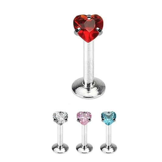 Internally Threaded CZ Crystal Heart Top Flat Back Labret Stud - 316L Stainless Steel